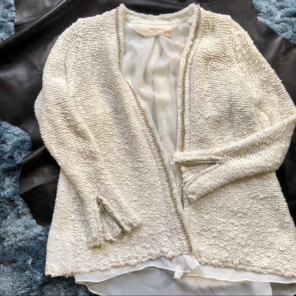 Zara Knit Jacket Sweater With Chiffon & Open Back - Picture 2 of 8